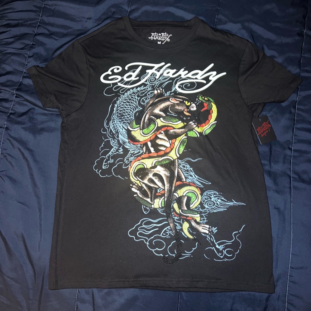 Ed Hardy Panther Black Tee Rhinestone with Vibrant Graphic